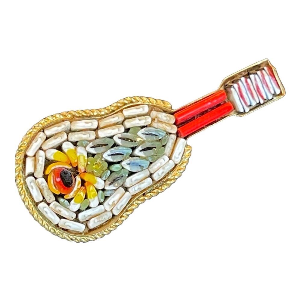 Vintage Italian Micro Mosaic Mandolin Guitar Brooch Signed Italy Flower Design